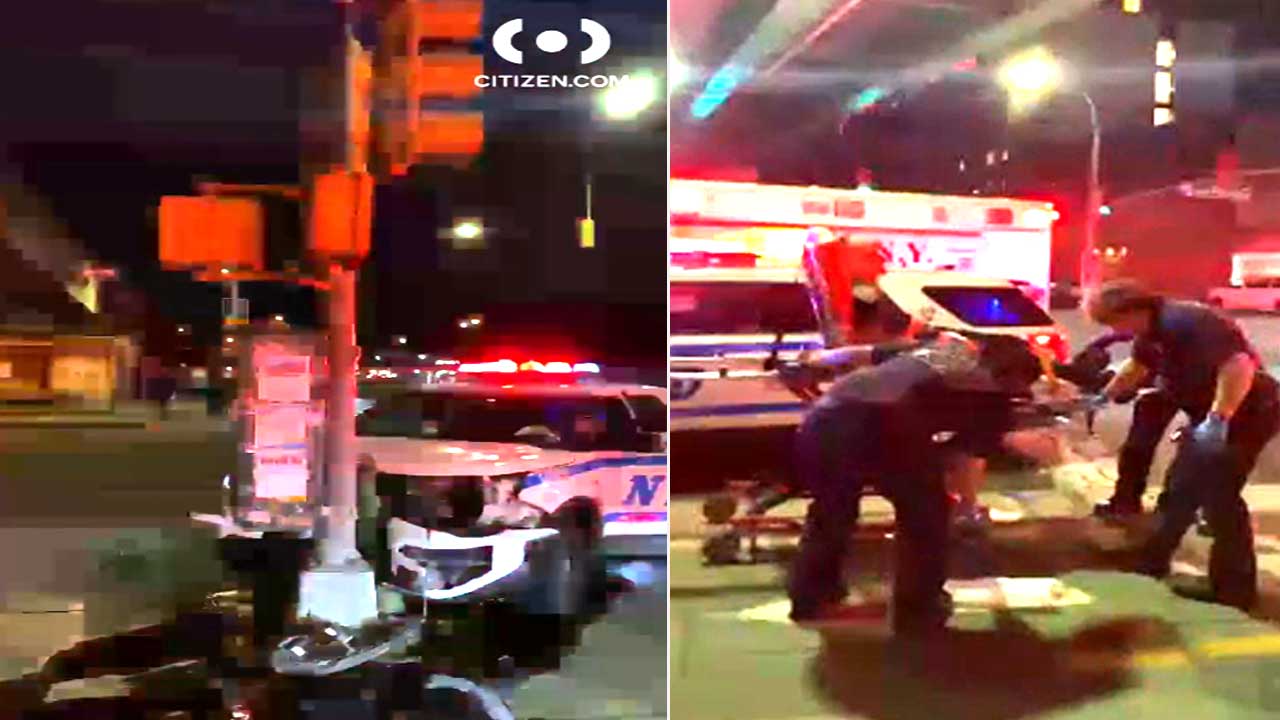 NYPD officers hurt after cruiser crashes into a pole in Bronx