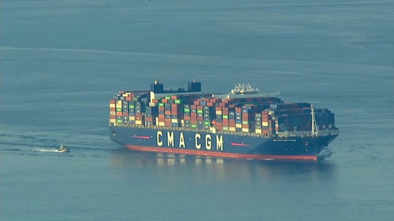 CMA CGM Marco Polo, ultra-large cargo ship, arrives in New York Harbor