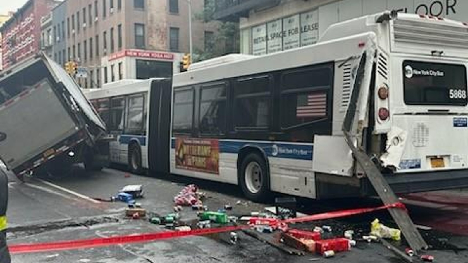 Box truck, MTA bus collide at busy stop on Upper East Side