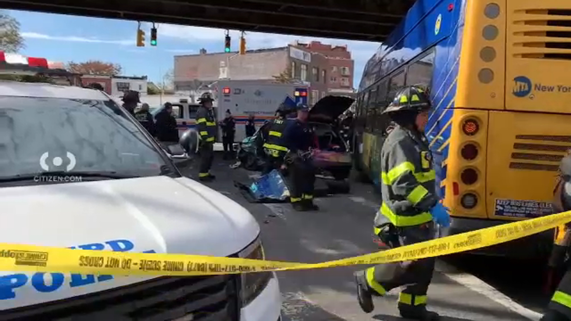 At least 7 injured after car, 2 buses involved in crash in Midwood